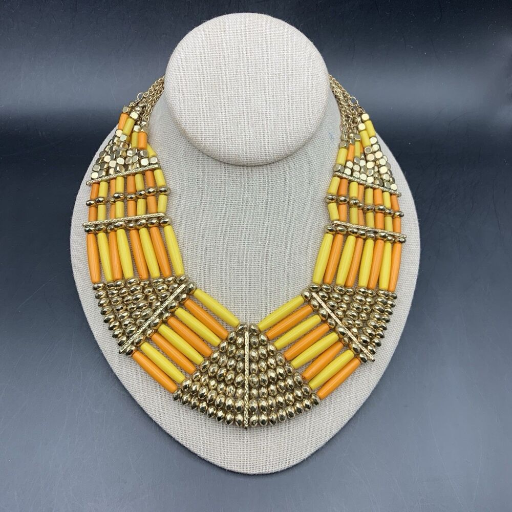Boho Beaded Collar Necklace Orange Yellow Gold Tone Statement Bold